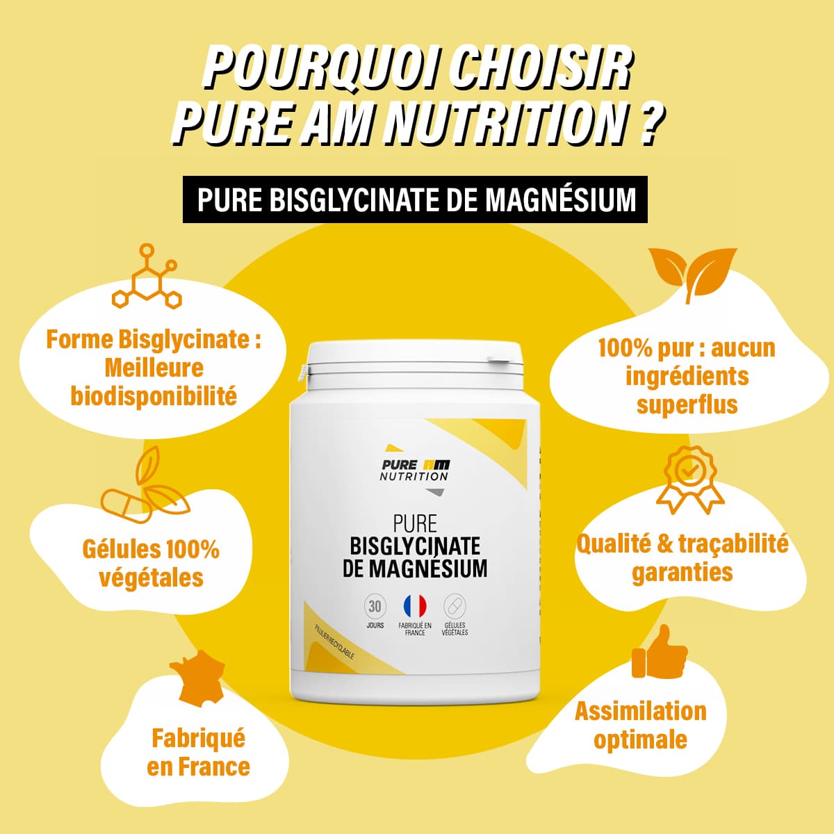 Caractéristiques magnésium bisglycinate PURE AM Nutrition 